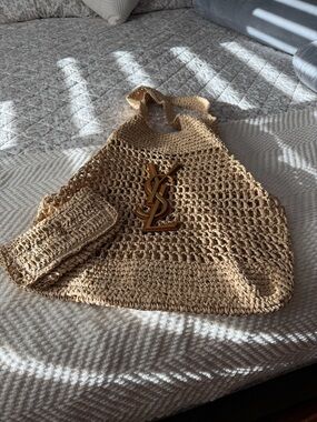 Saint Laurent Maxi Rafia Tote with Gold Emblem